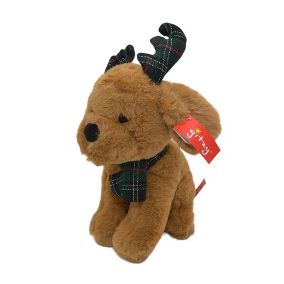 Gitzy 9" Plush Brown Puppy Dog with Green & Red Plaid Antlers Stuffed Toy - Picture 5 of 5